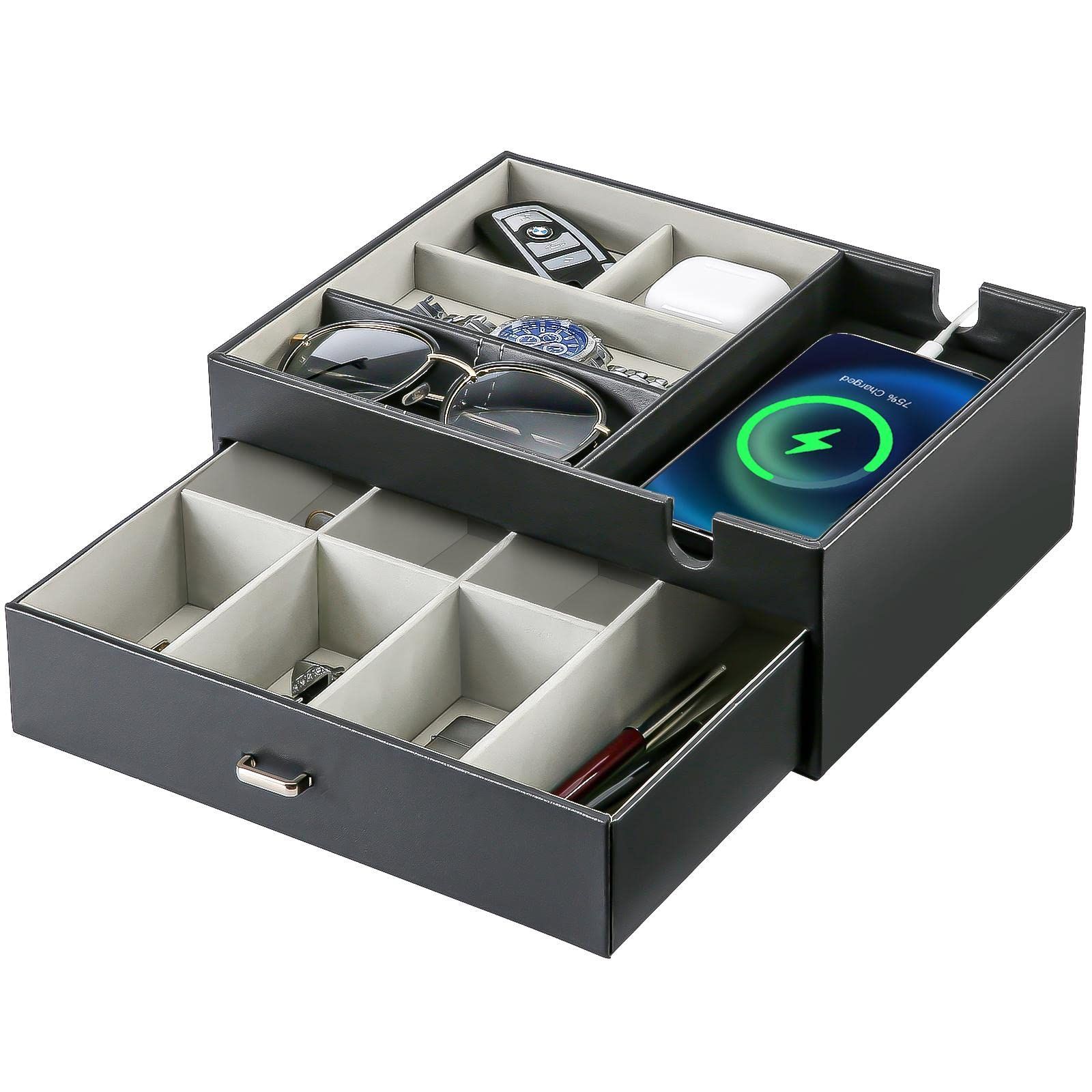 【人気商品】財布 鍵 スマホ メガネ 腕時計 ナイトスタンドオーガナイザー 引出し 身の回り品収納 2段式 卓上収納 バレットトレイ メンズ ブラック ProCase