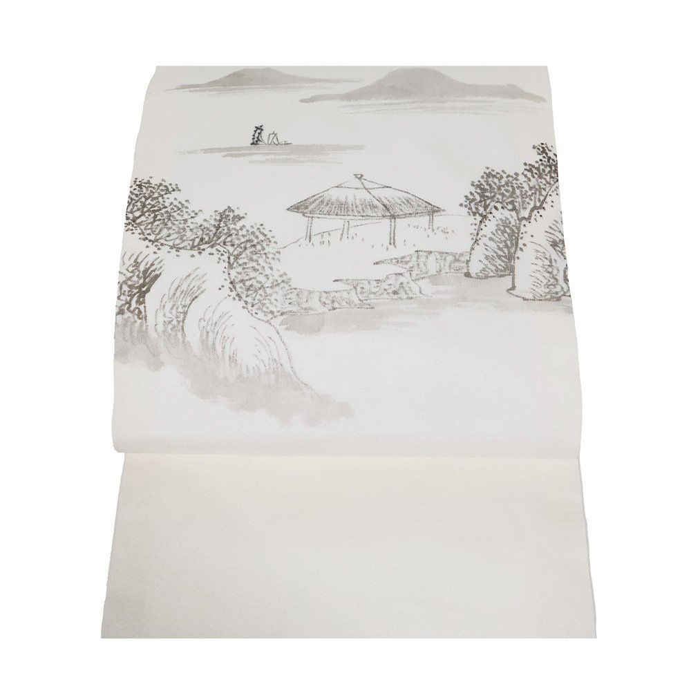 紗 名古屋帯 正絹 水墨画 山水画 N2403 新品 夏帯 Lサイズ 夏