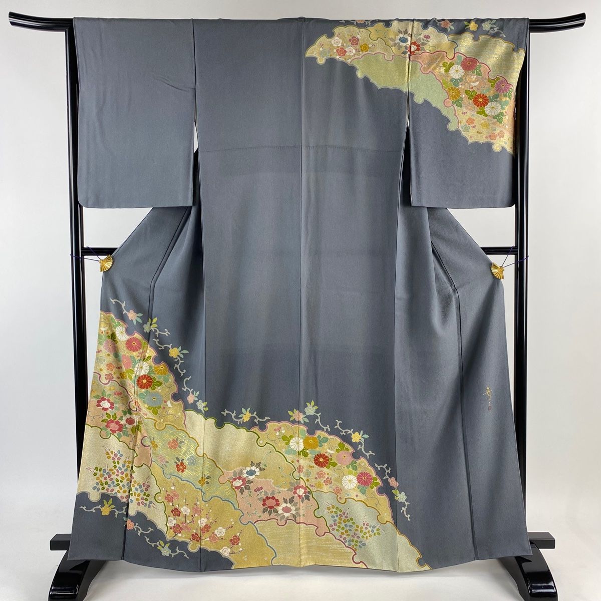 訪問着 身丈162cm 裄丈65.5cm M 袷 松井青々 落款 光悦垣 菊 金彩