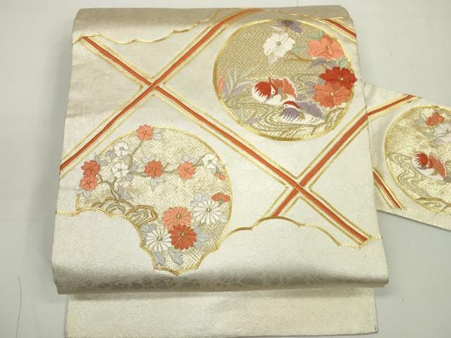 平和屋着物◎九寸名古屋帯 駒刺繍 鴛鴦花丸文 金糸 引箔 正絹