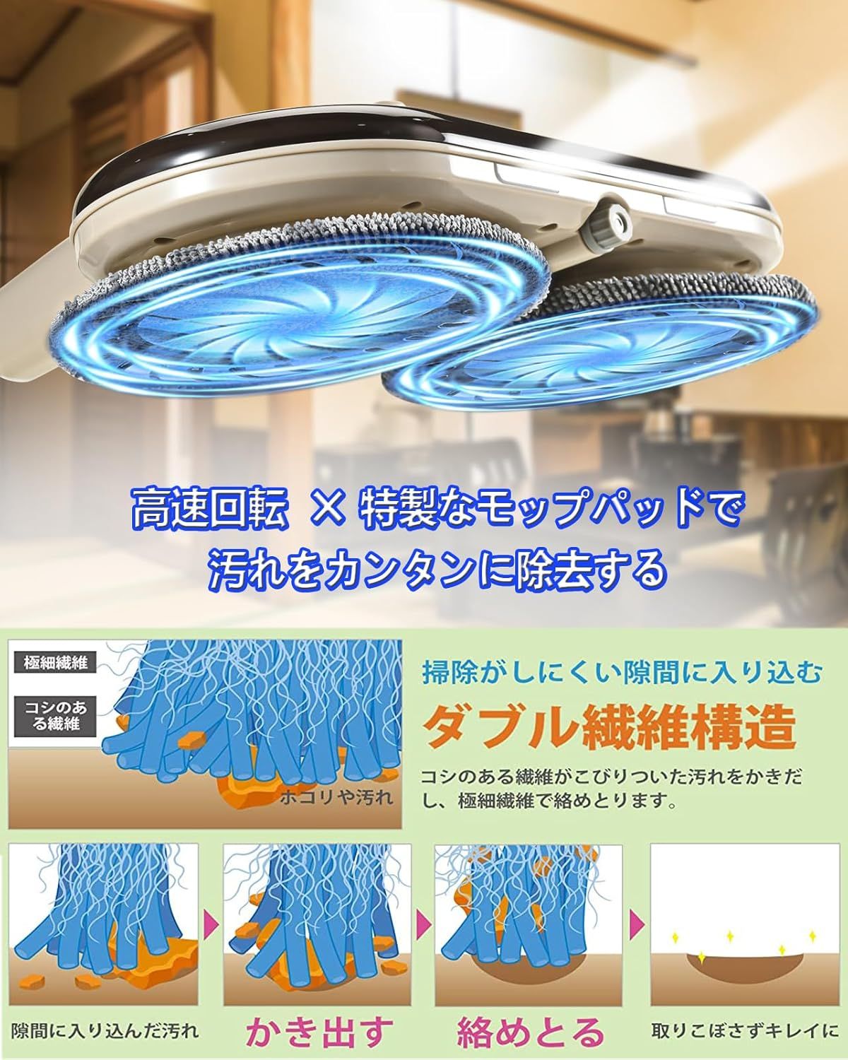 GOBOT 電動モップ コードレス回転モップクリーナー 軽量化 回転