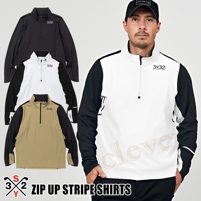 SY32 ゴルフ トップス ハーフジップシャツ メンズ 長袖 ストレッチ ロゴデザイ SY32BYSWEETYEARS ZIP UP STRIPE SHIRTS SHIRTS SYG-23A09 SY32 正規代理店 xaz-syg-23a09