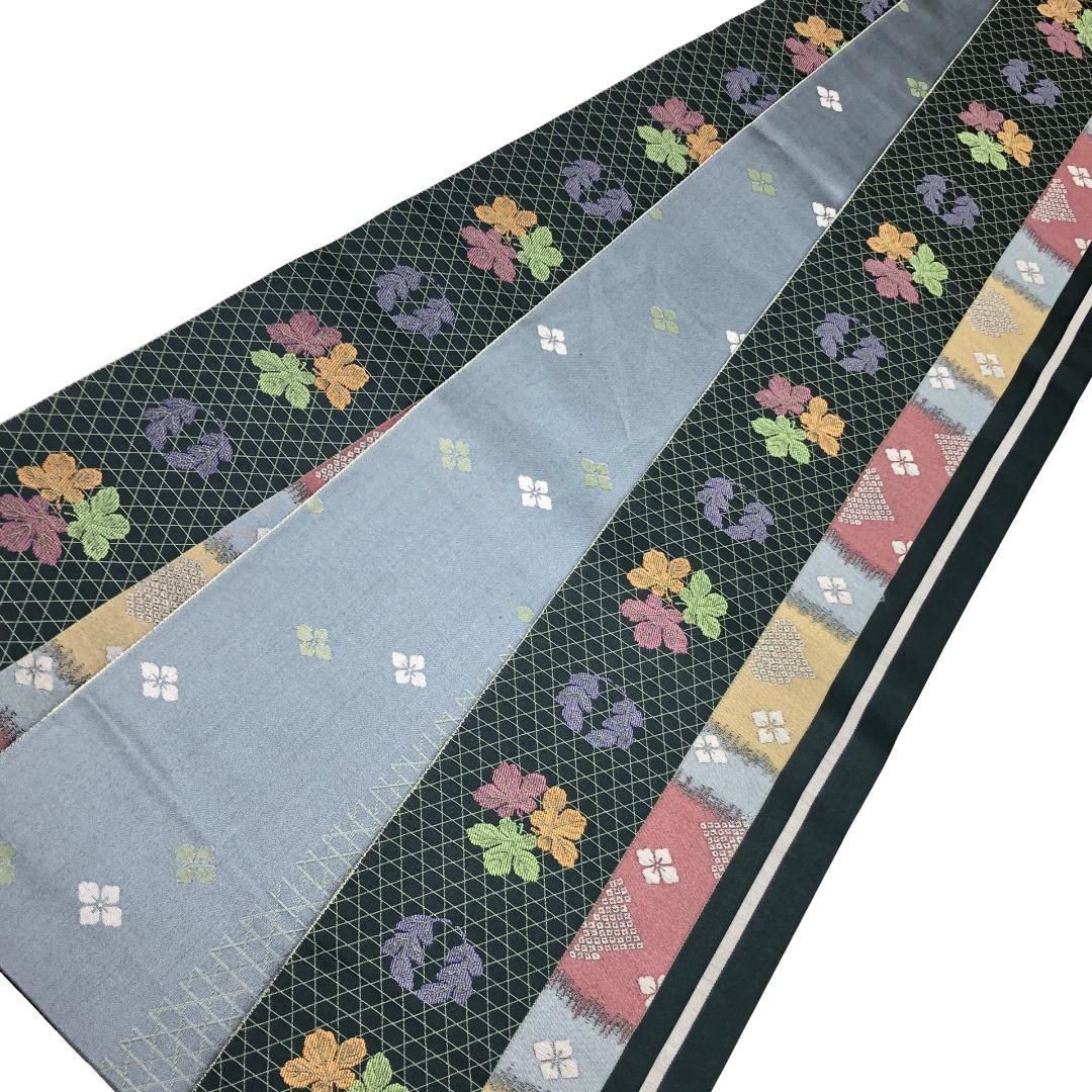 ☆ 半幅帯 リバーシブル 本草木染 縦柄花草模様 長尺 青墨色 D-2068 半幅帯 リバーシブル 本草木染 縦柄花草模様 長尺 青墨色 D-2068