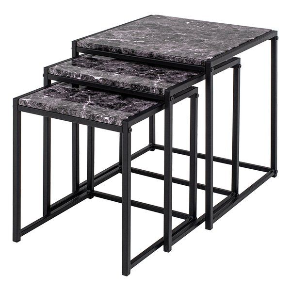 【新品】萩原  ハギハラ ネストテーブル 大:幅45、中:幅40、小:幅35 マーブルブラック LST-4667MBK (2569199)