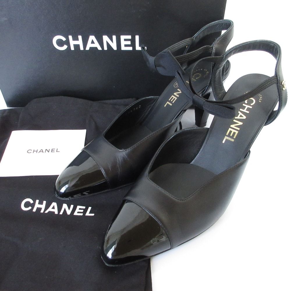 CHANEL シャネル アンクルリボンベルト アーモンドトゥ ハイヒール パンプス 36.5 23.5cm ブラック レディース 古着