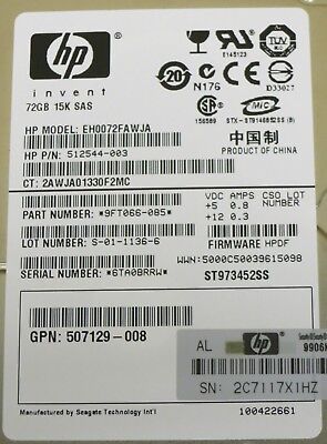 HP 512544-003 EH0072FAWJA 72GB 6G 15000 RPM 2.5 インチ DP SAS ハードディスク ドライブ