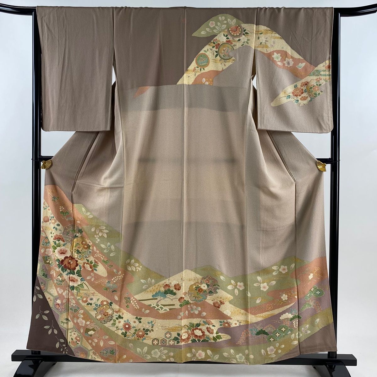 訪問着 身丈158cm 裄丈65.5cm M 袷 扇 草花 金糸 刺繍 薄小豆 正絹 名品 一つ紋