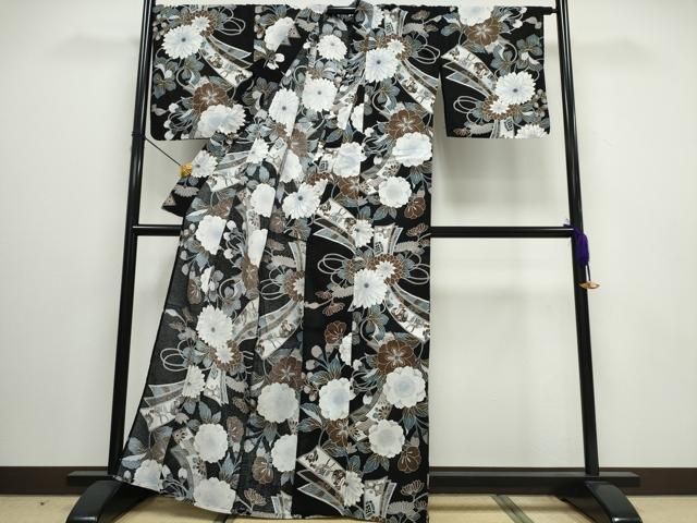 【新品】夏物綿紅梅　浴衣　着尺 平和屋着物∴夏物 浴衣 綿紅梅 束ね熨斗吉祥花文 黒地 綿 逸品