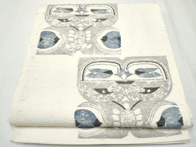 平和屋着物●六通柄袋帯 作家物 髭紬 型染め 舞蝶文 正絹 CAAY2778hy