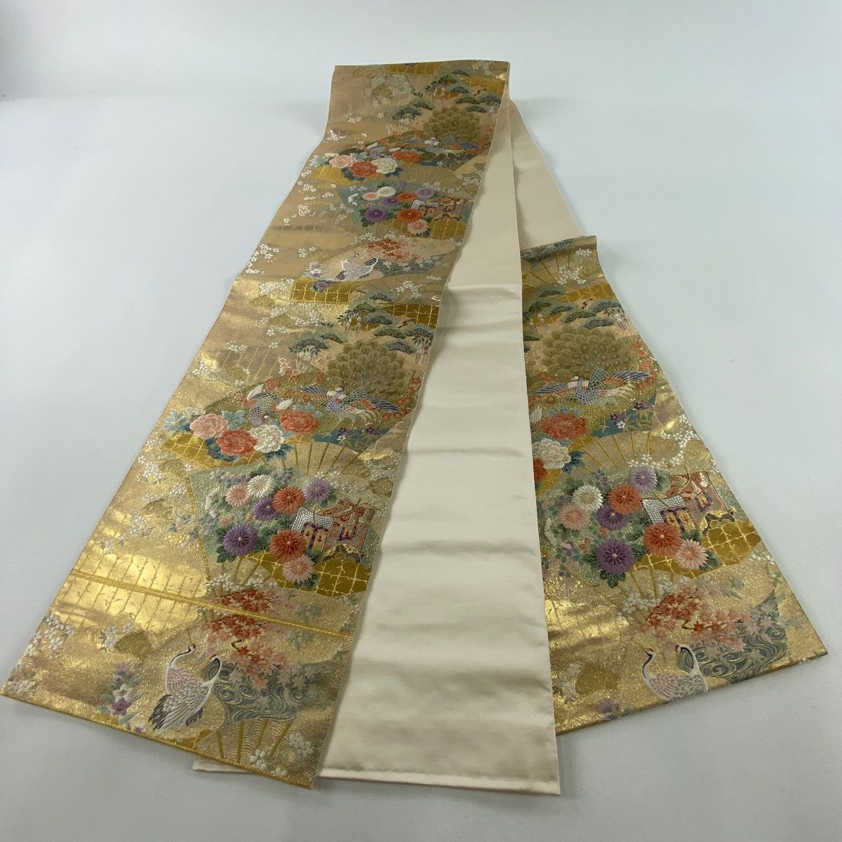 未着用　美品　袋帯　花　孔雀　金糸　着物　帯　007k 袋帯 美品 秀品 振袖向け 孔雀 草花 金糸 金彩 青緑 六通 正絹