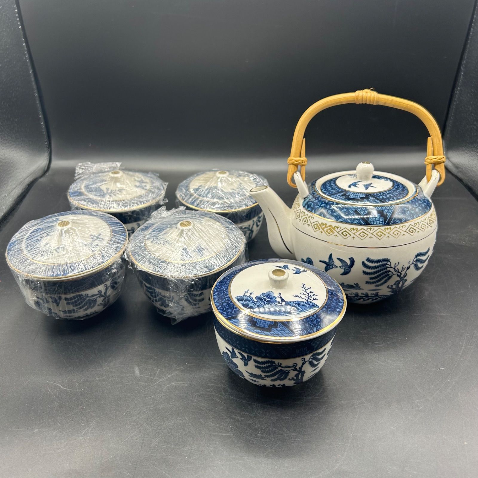 M》ニッコー ダブルフェニックス 急須 湯呑み 茶器 セット 山水 ブルー 