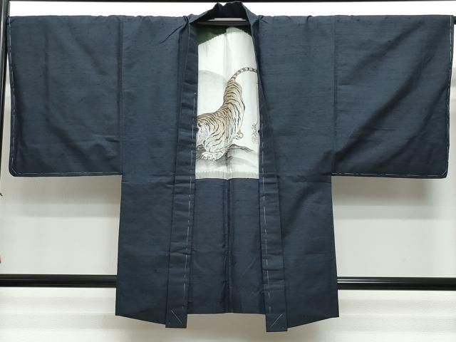 平和屋着物○男性 紬 アンサンブル 濃紺色 正絹 逸品 未使用