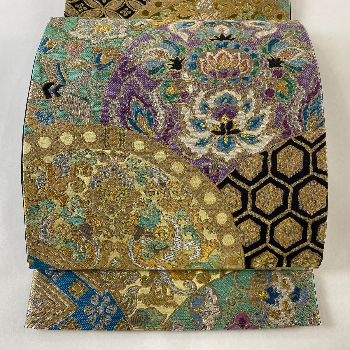 袋帯 秀品 花鳥 連珠文 金銀糸 箔 金色 六通 正絹