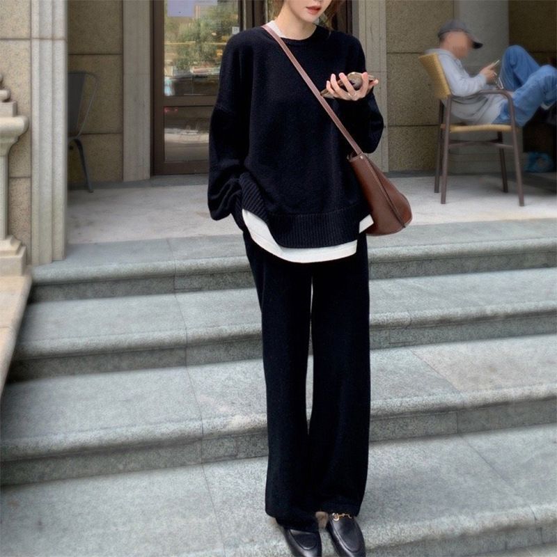 ニット セットアップ ニットセーター レディース 秋冬 ニットセットアップ 長袖 冬 セーター プルオーバー ワイドパンツ 上下セット 通勤 カジュアル  シンプル ゆったり リブニット 厚手 yanaxz52