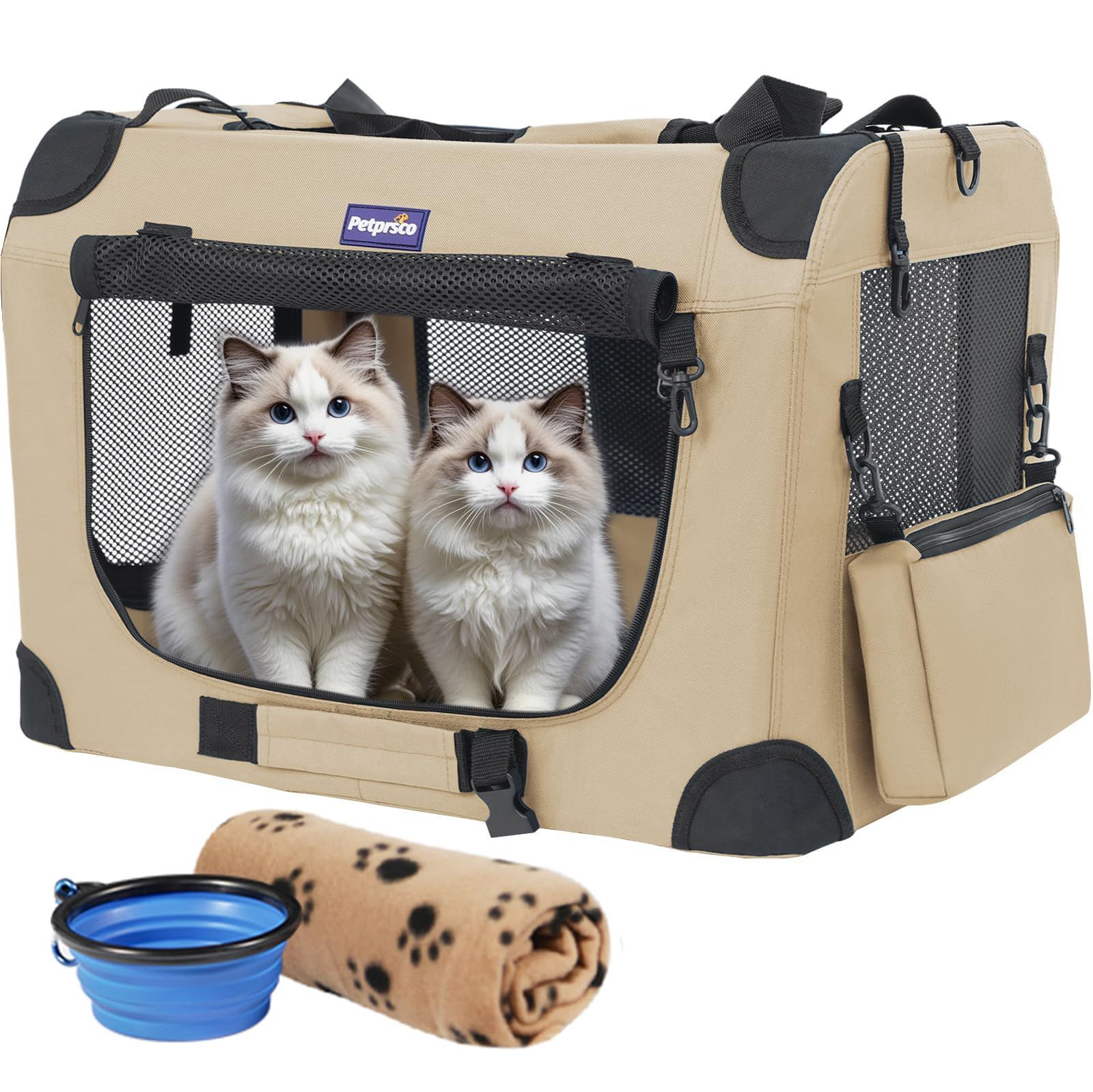 折りたたみ ソフトクレート中小型犬大型猫4面メッシュ ペットケージ60x42x42cm省スペース頑丈耐久 変形しない 車用 Petprsco犬用キャリーバッグペットキャリー 病院 キャンプに 室内外兼用