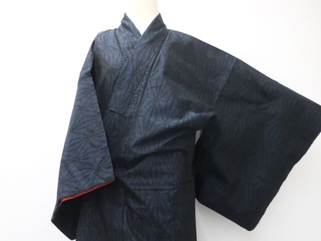 一輝堂】リサイクル着物 大島紬 紬 麻の葉 正絹 身丈約168cm 裄