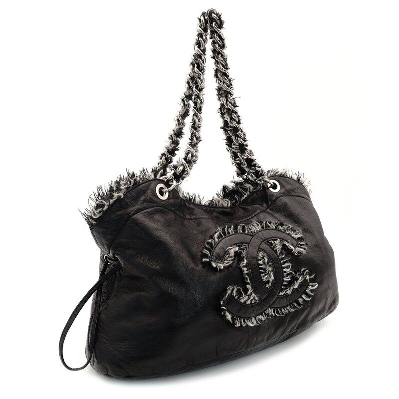 シャネル CHANEL ココマーク チェーン ショルダーバッグ ブラック レザー 黒 ツイード 7-7-787