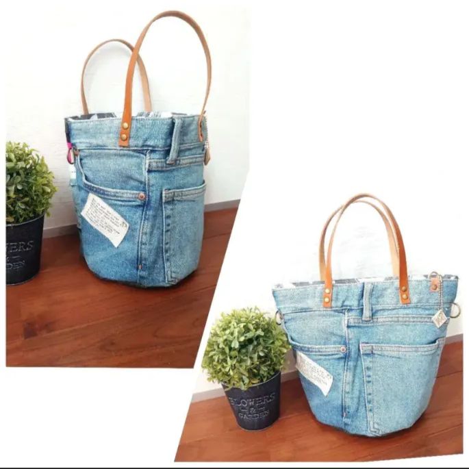 No.313【DENIM✖️パッチワーク丸底マルシェBAG❤️】レザーハンドル