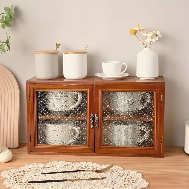 キャビネット 食器棚 棚 ミニ食器棚 収納ボックス 木製 卓上 ミニチェスト 透明窓 扉付き おしゃれ 小物 食器 デスクトップ収納 キッチン