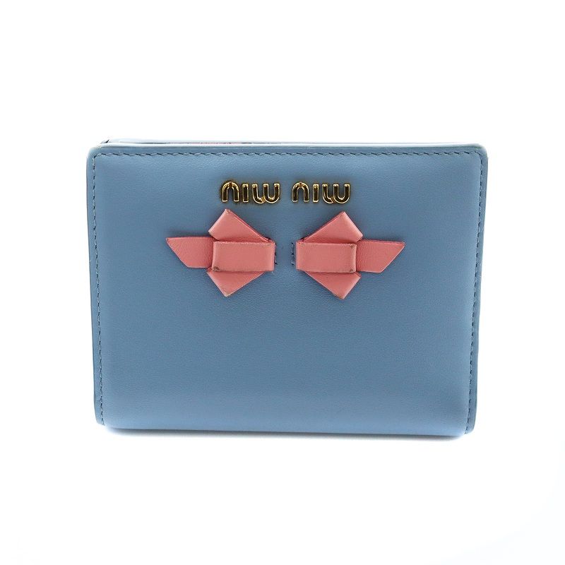 ミュウミュウ miumiu 二つ折り財布 リボンデザイン レザー ロゴ 青 ブルー /KP □OS - メルカリ
