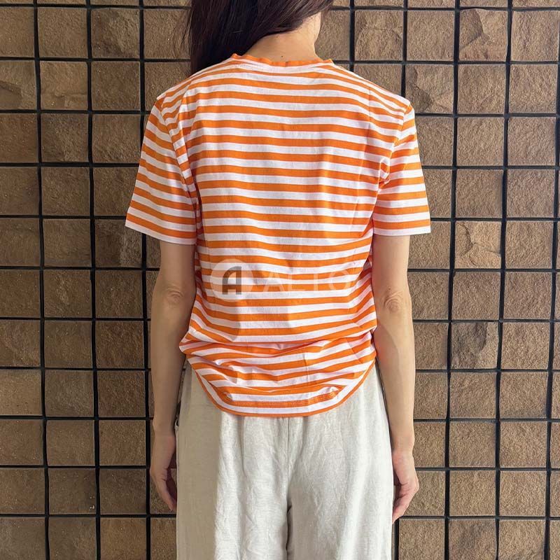 ☆2024春夏入荷☆ PATOU パトゥ JE0329999 オーガニックコットン ボーダー PATOU ロゴ入り Tシャツ カットソー ライトオレンジ×ホワイト