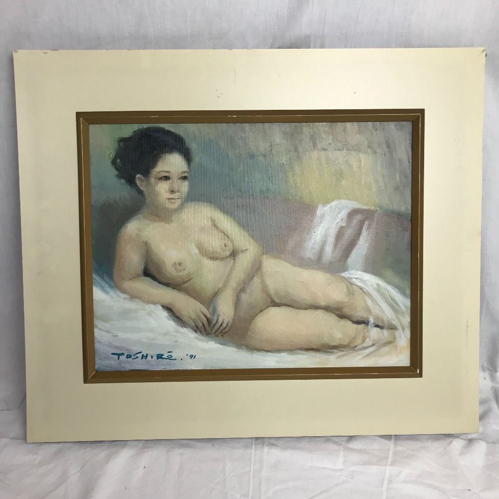 憧れの テーブルに項垂れる裸婦 昭和レトロ リトグラフ 額縁 アート 