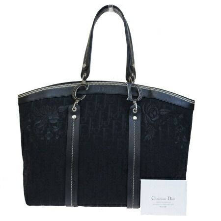 【中古】 美品 クリスチャンディオール Christian Dior トロッター ハンドバッグ トート 花柄刺繍 ブラック キャンバス レザー 31BJ394
