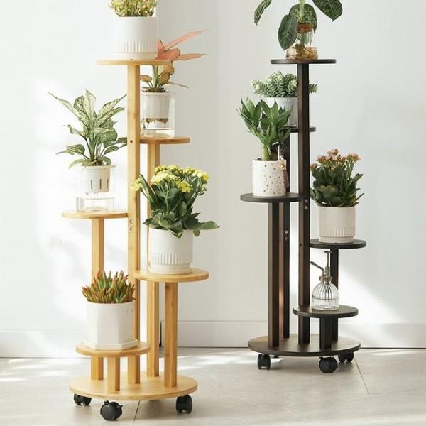 お得，お買い得 ★フラワースタンド　ガーデンラック　竹製　観葉植物　園芸ラック　多肉植物　鉢スタンド　花台 室内　室外　5段式　キャスター付き 花瓶台・フラワースタンド