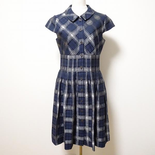 snc ルネ Rene TISSUE ワンピース 36 紺 シルバー 半袖 チェック