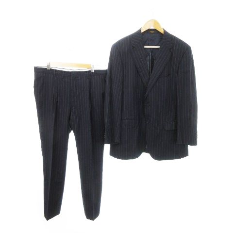 サヴィルロウ Savile Row シングルスーツ セットアップ 2点セット テーラードジャケット 背抜き スラックス モヘヤ混 ストライプ 100BE6 紺 ネイビー |MN8 GY44