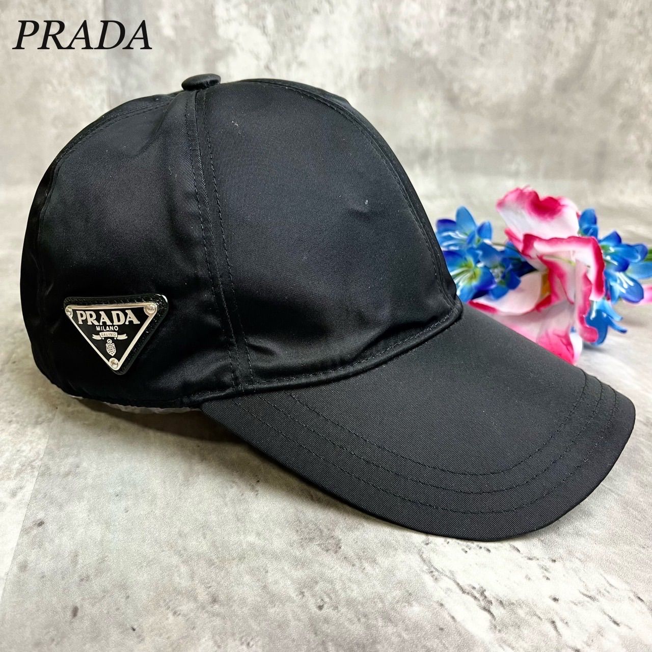 ✨良品✨ PRADA プラダ 帽子 ベースボールキャップ Lサイズ 三角ロゴ トライアングル シルバー金具 ロゴ型押し ロゴタグ リナイロン  サフィアーノ レザー ユニセックス レディース メンズ ブラック 黒色