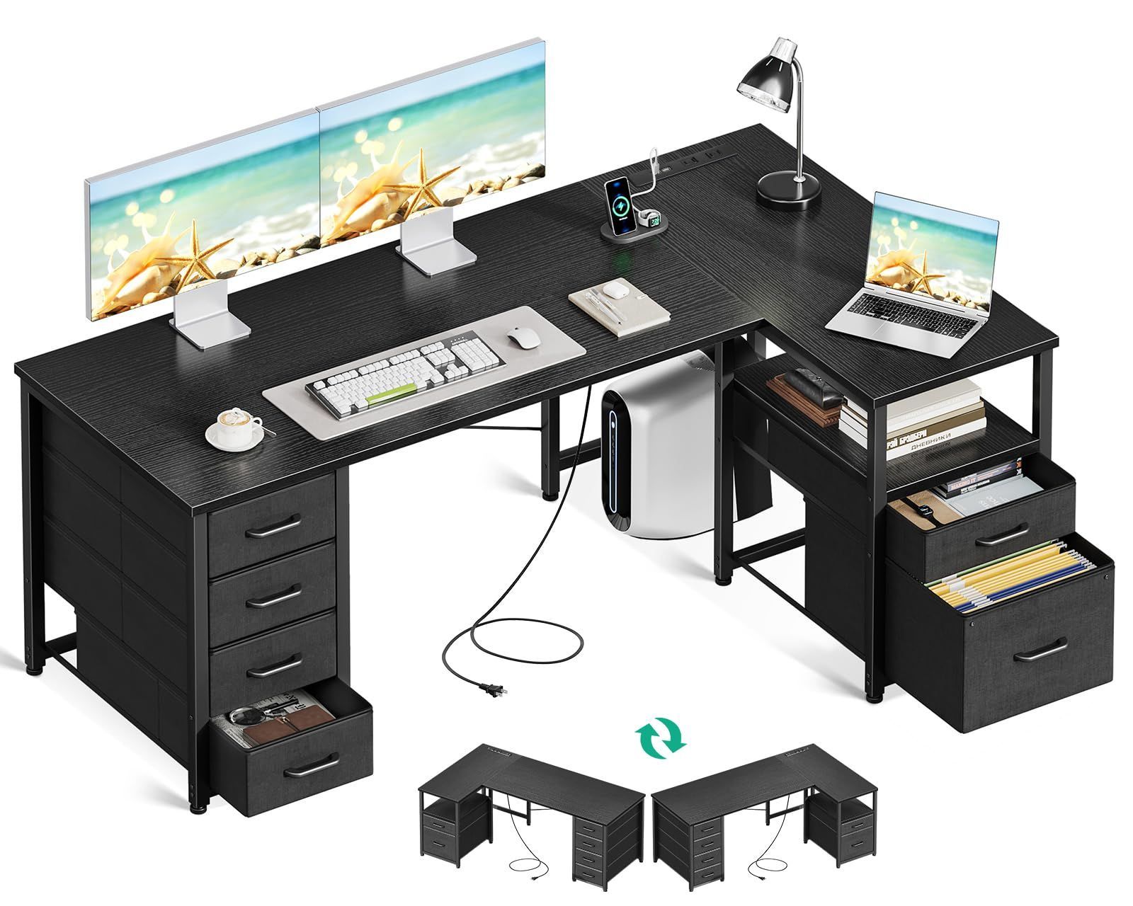 ワークデスク 在宅勤務 収納 desk 棚付き 仕事用 pcデスク 幅140 机 オフィスデスク l字デスク コンセント付き ゲーミングデスク ブラック 引き出し6杯付き パソコンデスク AODK