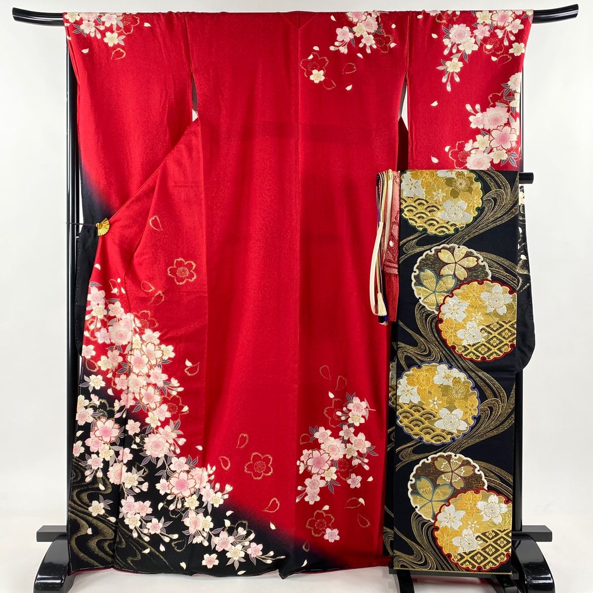 振袖 身丈170.5cm 裄丈71cm L 袷 袋帯フルセット 桜 流水 金彩 裾ぼかし 赤 正絹 名品