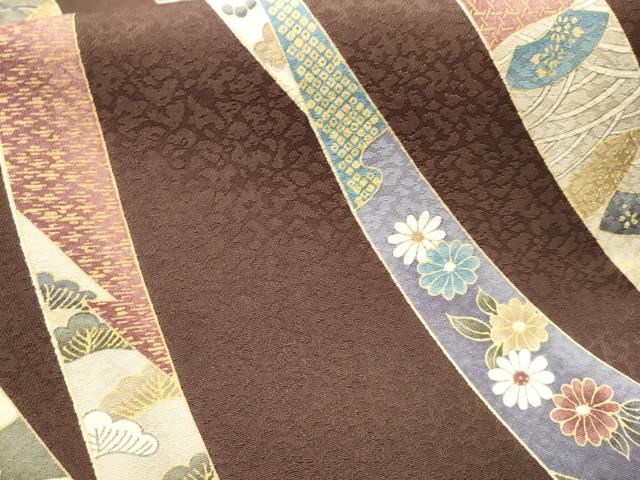 平和屋着物○両面 全通柄袋帯 本場縞大島紬 熨斗草花文 銀通し地 証紙
