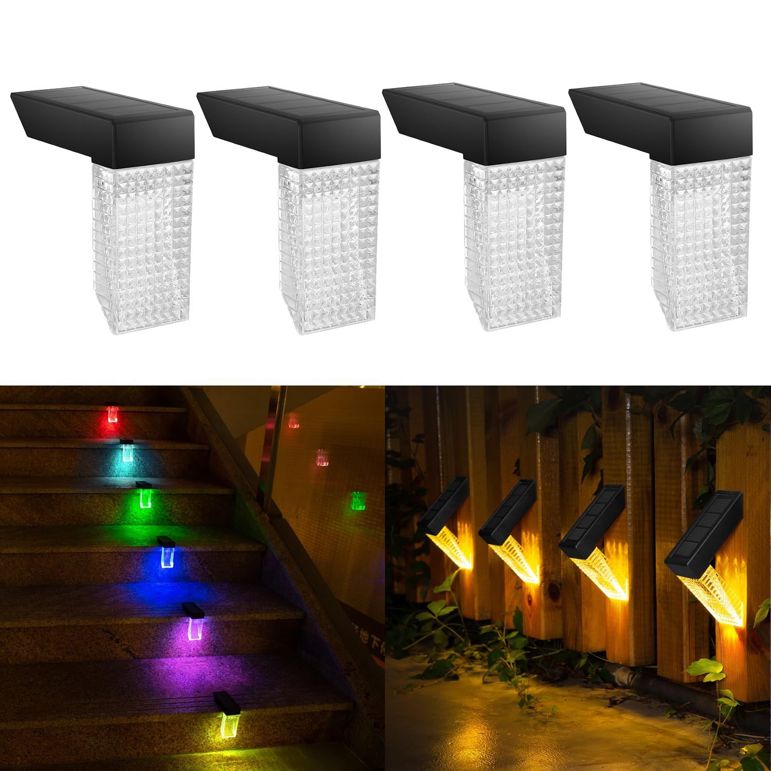 4個_電球色+RGB SereneSol 階段 ソーラーライト ガーデン ガーデンライト 庭 屋外 防水 アウトドア 暖色 LED デッキ ランプ  通路 庭用 フェンス キャンプ ライト (4個