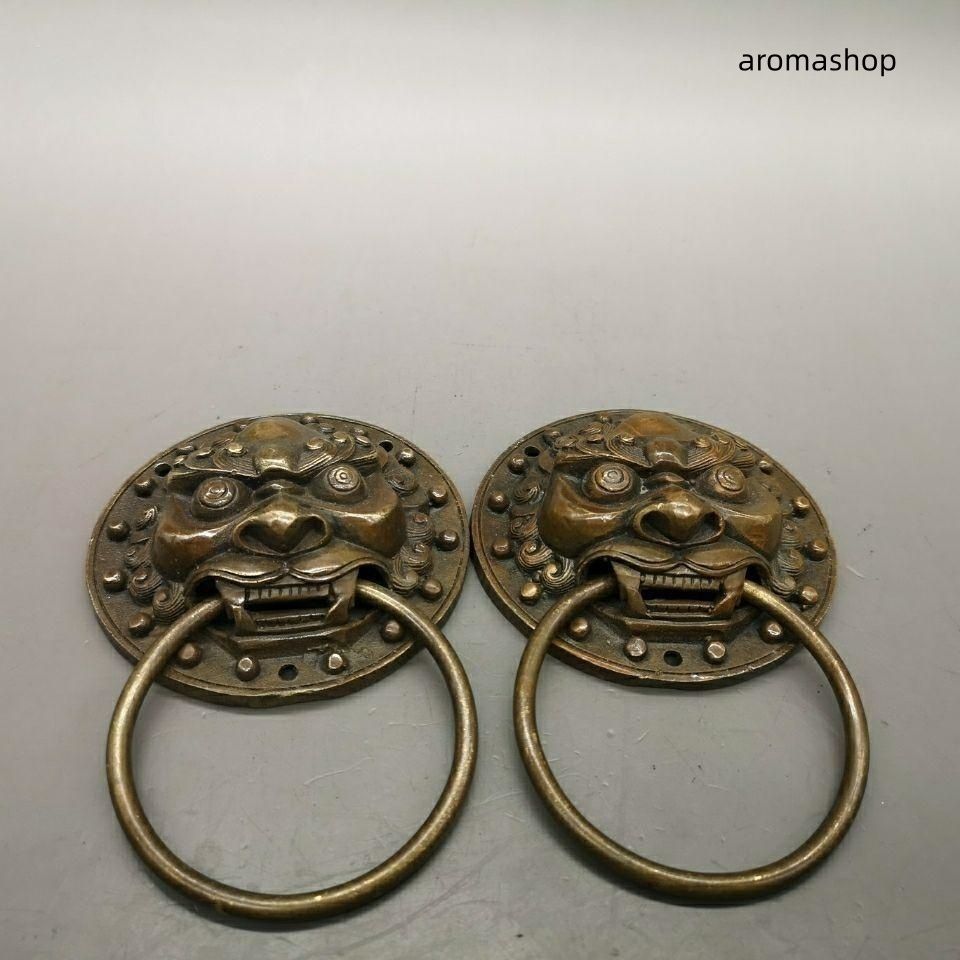 銅器 獣頭門環 獅子頭大門ノブ木戸門引環一対 装飾品 工芸品 置物 銅器 獣頭門環 獅子頭大門ノブ木戸門引環一対 装飾品 工芸品