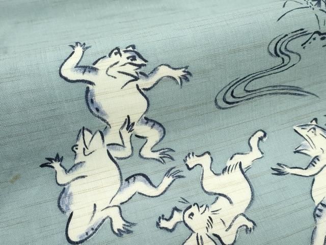 平和屋着物□極上 夏物 九寸名古屋帯 藍 手描き 鳥獣戯画 深川鼠色地  
