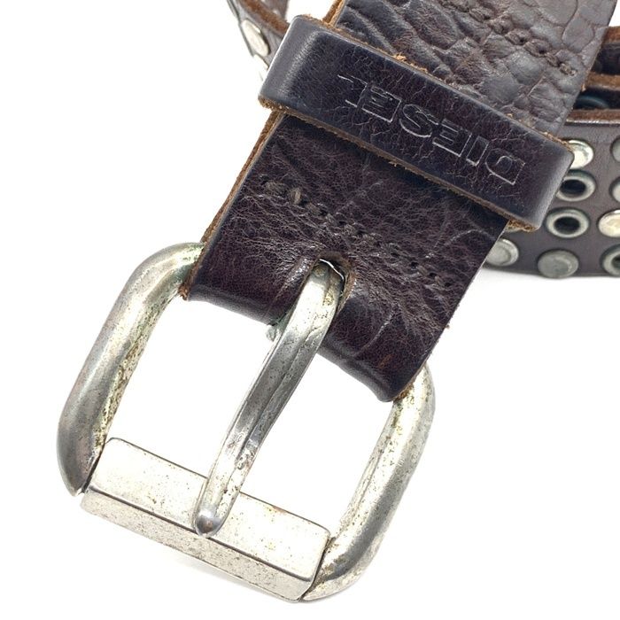 ディーゼル DIESEL ベルト レザー 牛革 スタッズ ロゴプレート ラック 黒 シルバー 90 メンズ