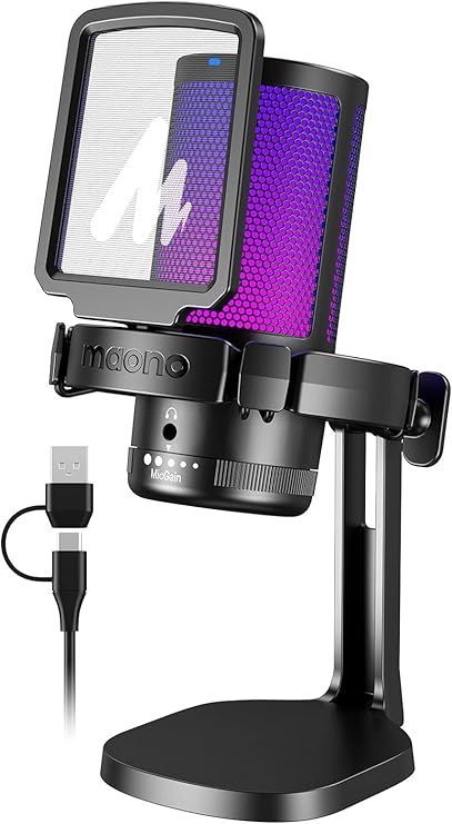 【新作登場，お得】 MAONO USB コンデンサーマイク ゲーミングマイク ノイズキャンセリング PC マイク ミュートボタン 単一指向性 RGBライティング 音量コントロール プラグ＆プレイ パソコンマイク ゲーム実況 ラ 応募券