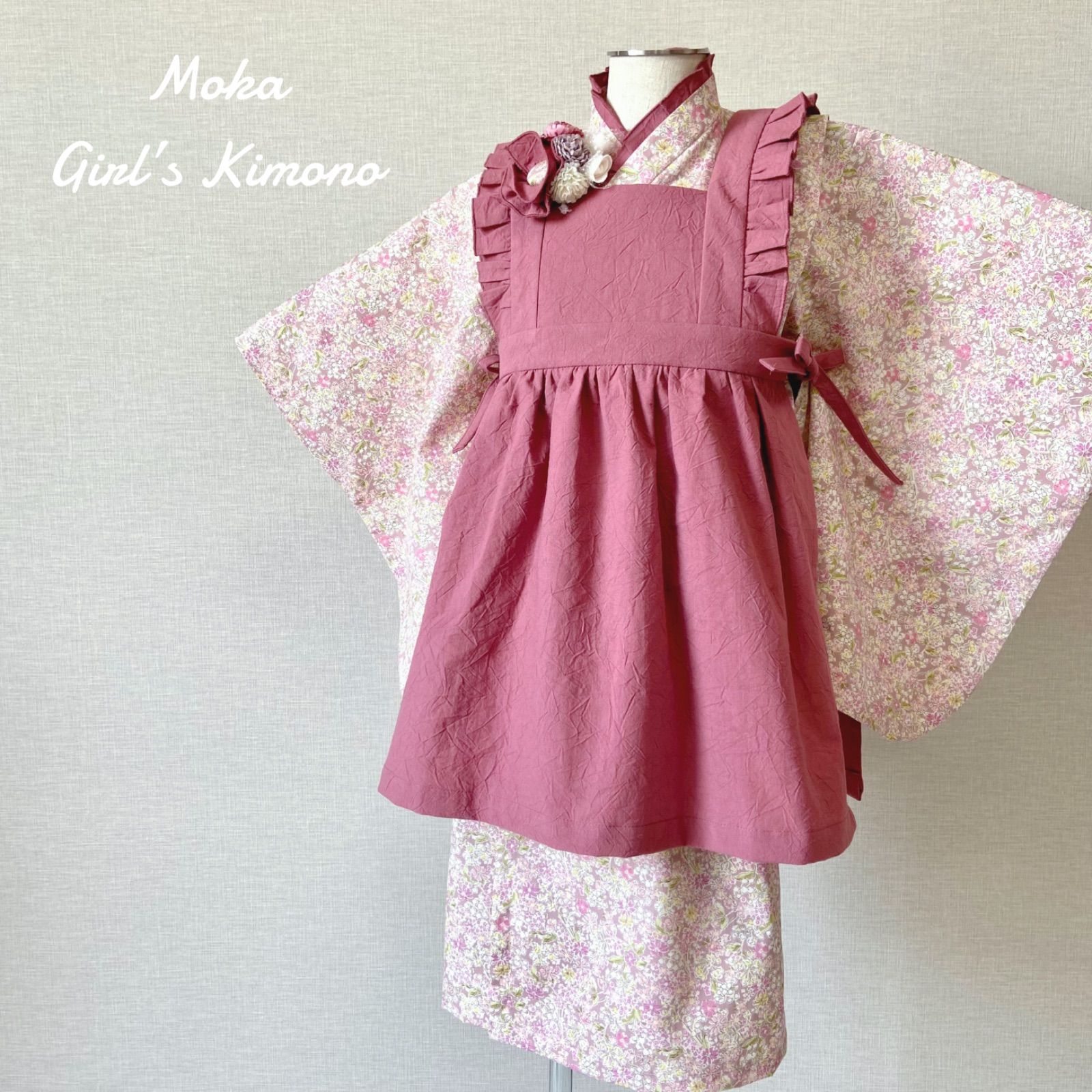 3歳お着物＆被布エプロンセット 花柄×ローズピンク ハンドメイド