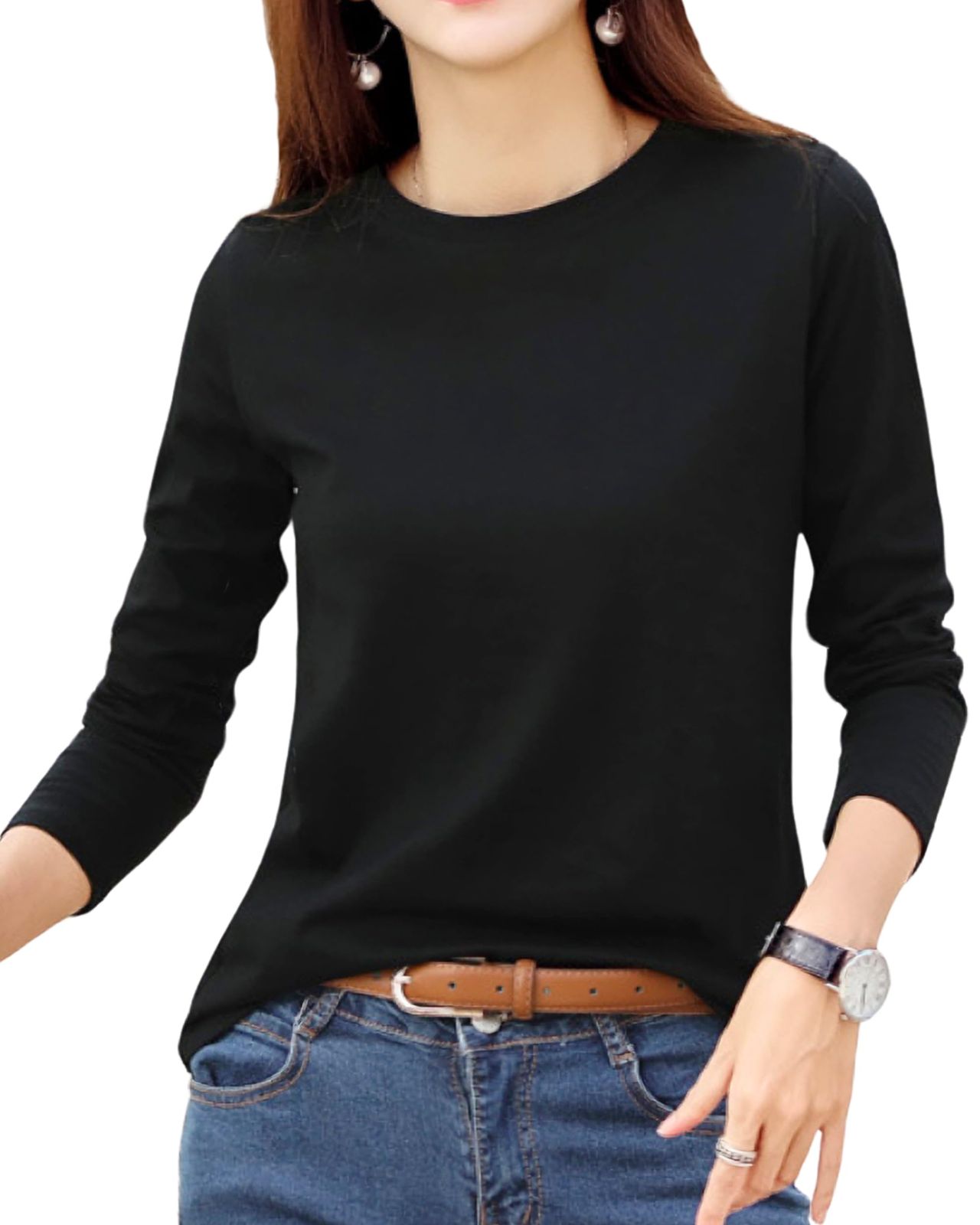 シンプル 【適度な厚み】 丸首 綿100 トップス ロンティー Uネック コットン tシャツ 無地 ロンt 【やわらかな肌触り】 レディース 長袖 カットソー 【綿100％で着心地】 [Fiorior]