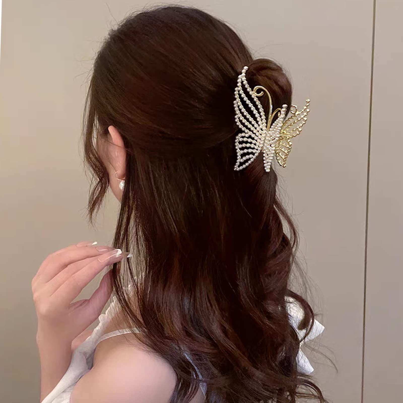 バンスクリップ ヘアクリップ オフィス シンプル ヘア 髪留め HAPVITAL 髪飾り クリップ 大きめ 韓国風 おしゃれ 贈り物 レディース用 パール バタフライ