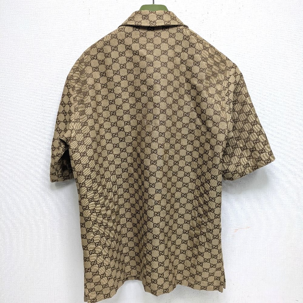 Dz805902 グッチ 半袖シャツ GGリネン ブレンド キャンバス シャツ GGスプリーム 742707 ZAM7G 2580 ブラウン メンズ GUCCI