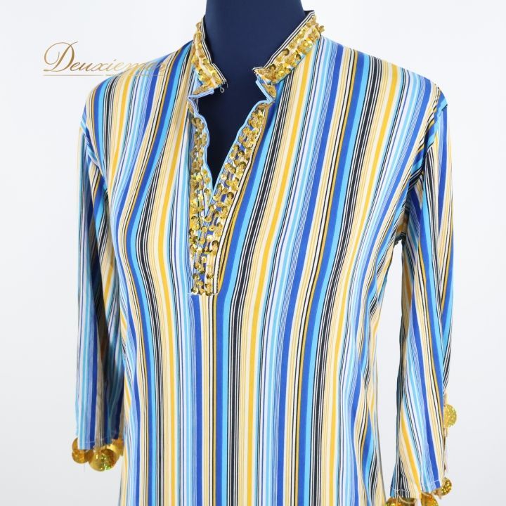 厳しい ベリーダンス 衣装 サイーディドレス ワンピース ドレス ガラベーヤ ブルー系 青 イエロー系 黄色 ゴールド ラメ ストライプ柄 舞台 発表会 パーティー コスチューム スパンコール 目を引く おしゃれ デザイン 発送不可