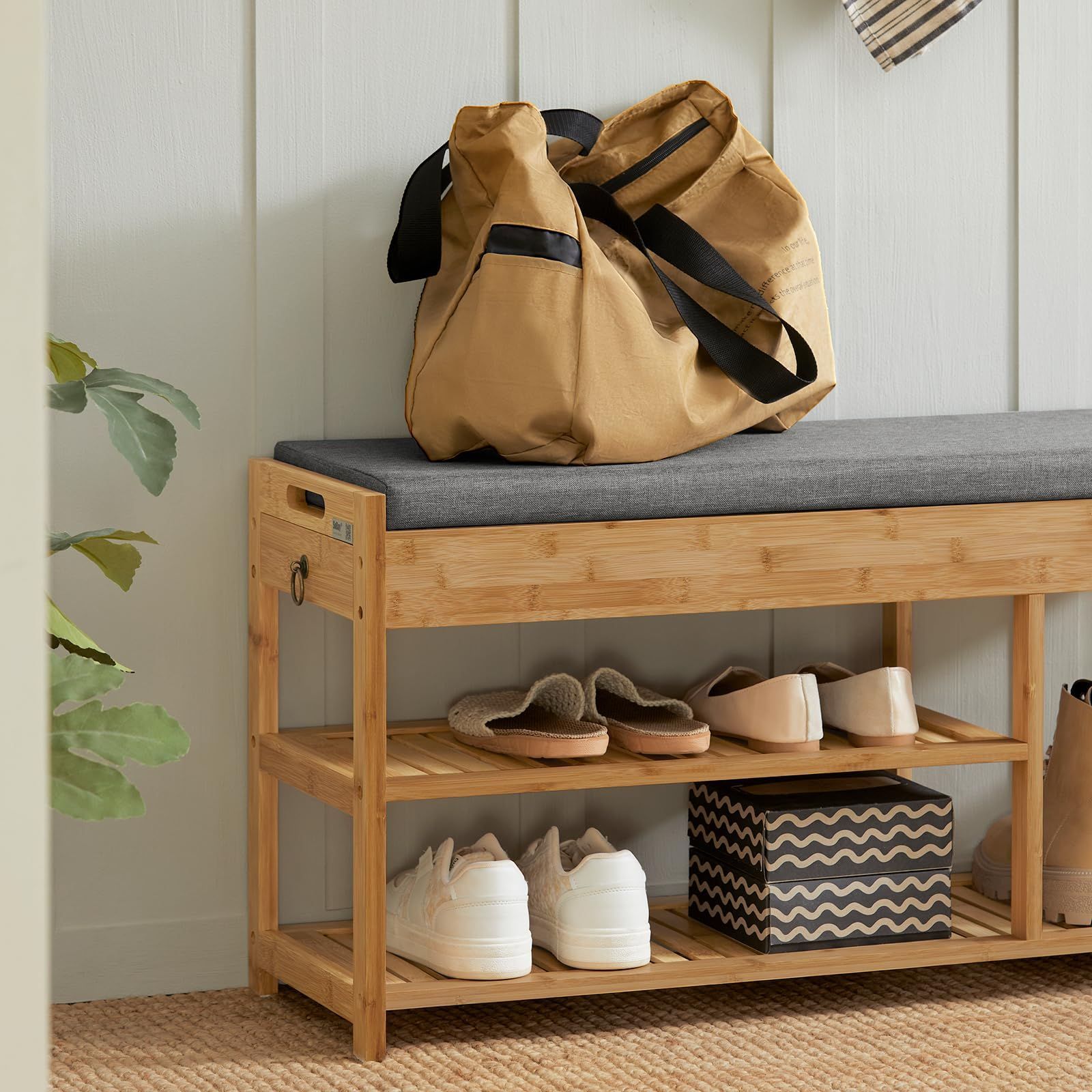玄関収納 玄関椅子 クッション洗い 二段式靴収納 腰掛け 引き出し付き おしゃれ ベンチ 幅90×奥行30×高さ45cm 竹製 下駄箱 靴収納 収納スツール 靴棚 シューズラック 収納ベンチ 靴箱 FSR47-N 玄関ベンチ SoBuy