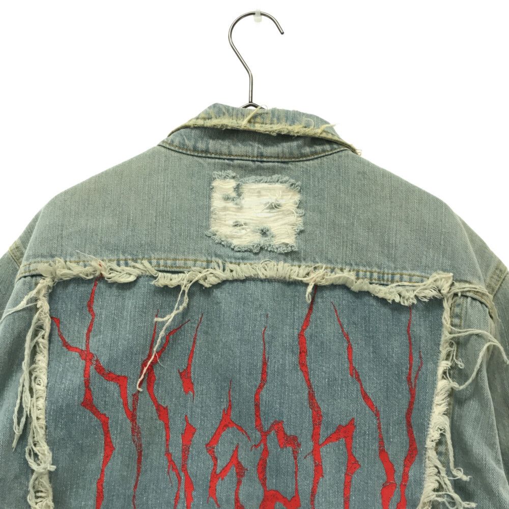 MISBHV (ミスビヘイブ) 17SS DESIRE DENIM JACKET 912595 デストロイ加工デニムトラッカージャケット  バックレディ＆スネークプリントダメージ加工デニムジャケット ライトブルー