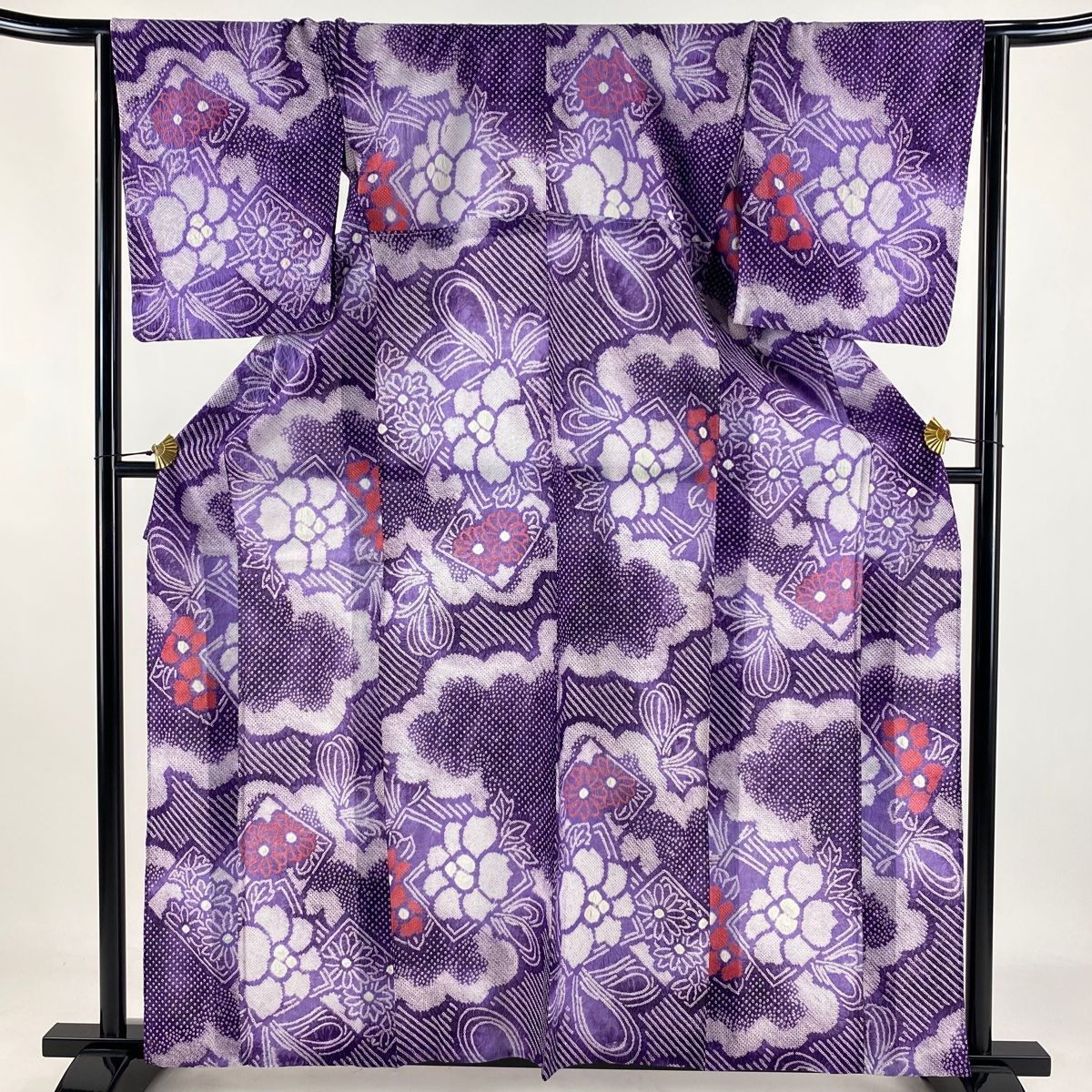 浴衣 身丈161cm 裄丈64.5cm M 絞り浴衣 色紙 草花 紫 綿