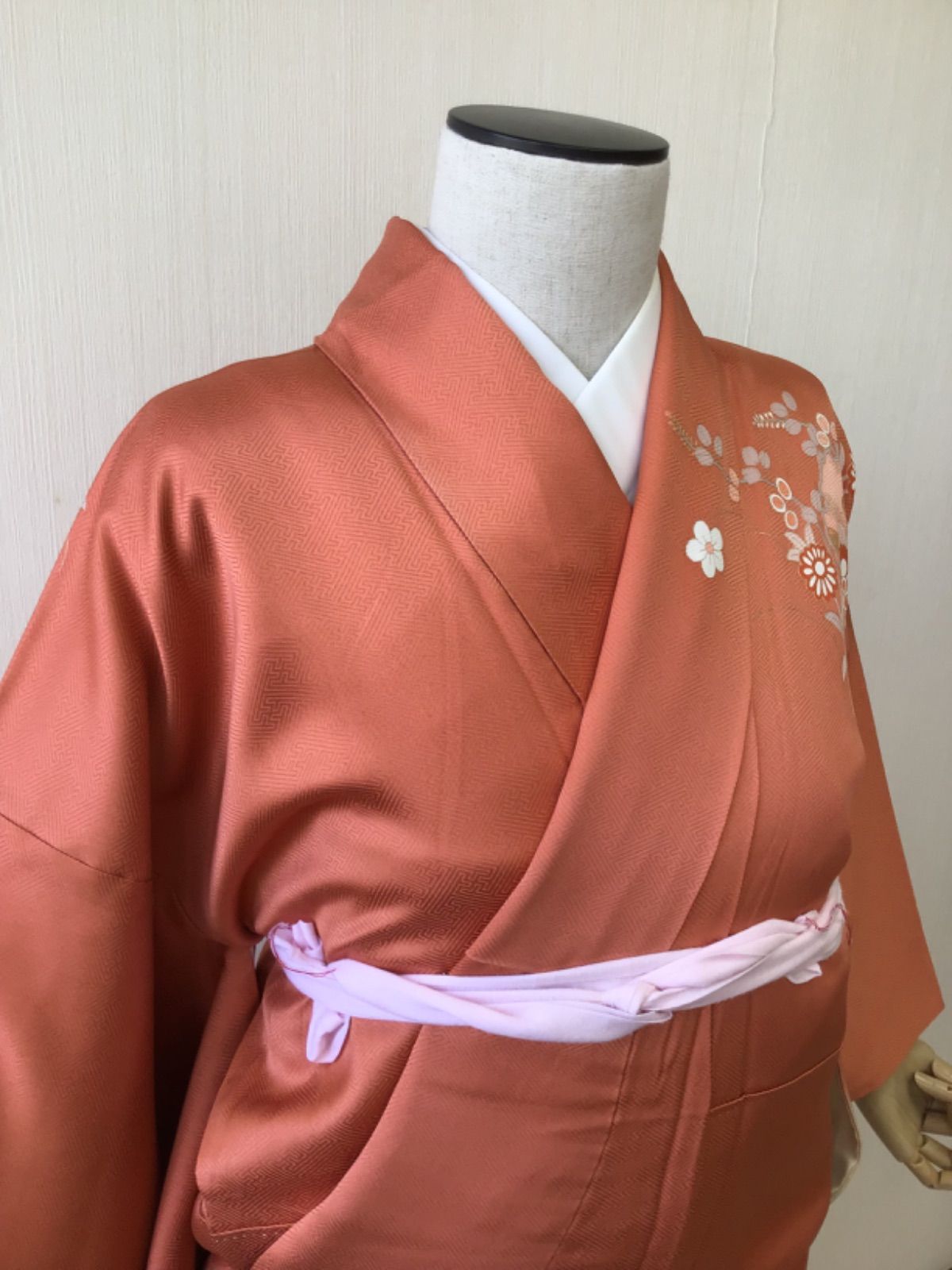 袷 訪問着 真朱色 雪輪模様 正絹 着物 裄69cm