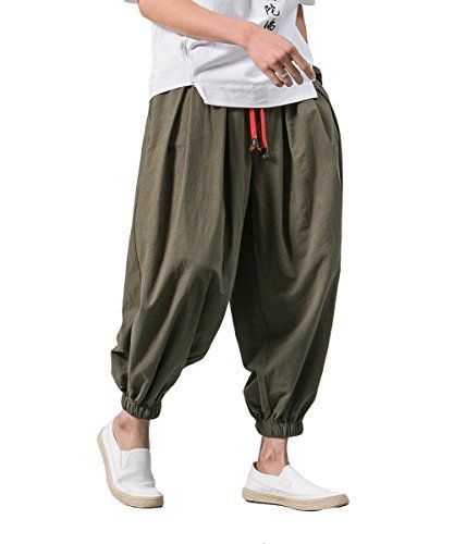 5XL_アーミーグリーン FOMANSH メンズ サルエルパンツ 9分丈 綿麻 無地 ストライプ ガウチョパンツ カジュアル ワイド ゆったり 夏