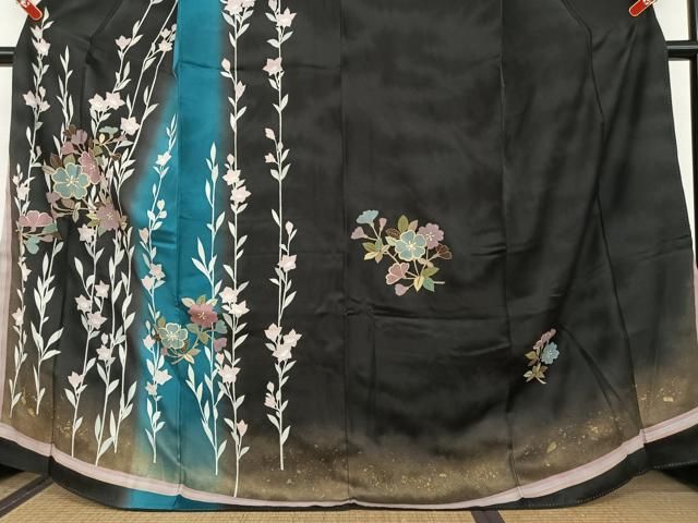 平和屋着物○訪問着 草花文 暈し染め 黒地 金彩 正絹 逸品 AAAU8210zg